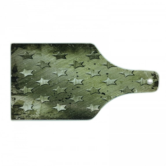 Grunge Cutting Board, Grunge Effect with Carving Art Style Star Patterns Marine Themed Industrial Illustration, Tempered Glass Cutting and Serving Board, Wine Bottle Shape, Olive, by Ambesonne
