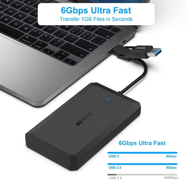 BENFEI 2.5 Inch SATA to USB Tool Free External Hard Drive Enclosure connected to a laptop via a USB Type-C cable. The black enclosure features a compact, rectangular design with a textured surface and a blue LED indicator. It supports 2.5-inch SSDs and HDDs with UASP SATA III for up to 5 Gbps data transfer speed. Compatible with Windows, Linux, and macOS, it offers tool-free installation and hot-swappable functionality.