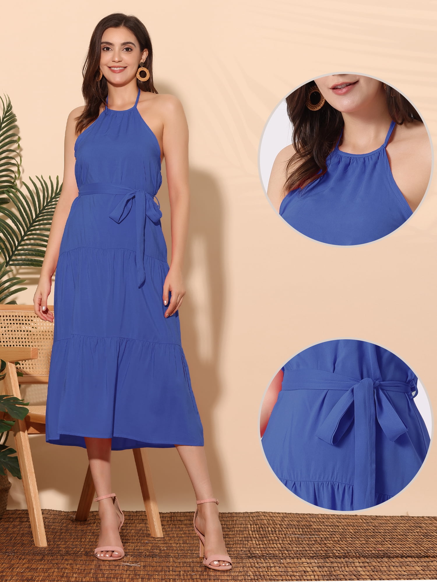 Unique Bargains Women's Solid Color Loose Swing Casual Sleeveless A-Line Summer Dress XS Royal Blue