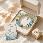Sea Glass Blessing Bracelet – Turtle Charm Handmade Beaded Jewelry for Women, Inspirational Gift with Ocean Theme Card