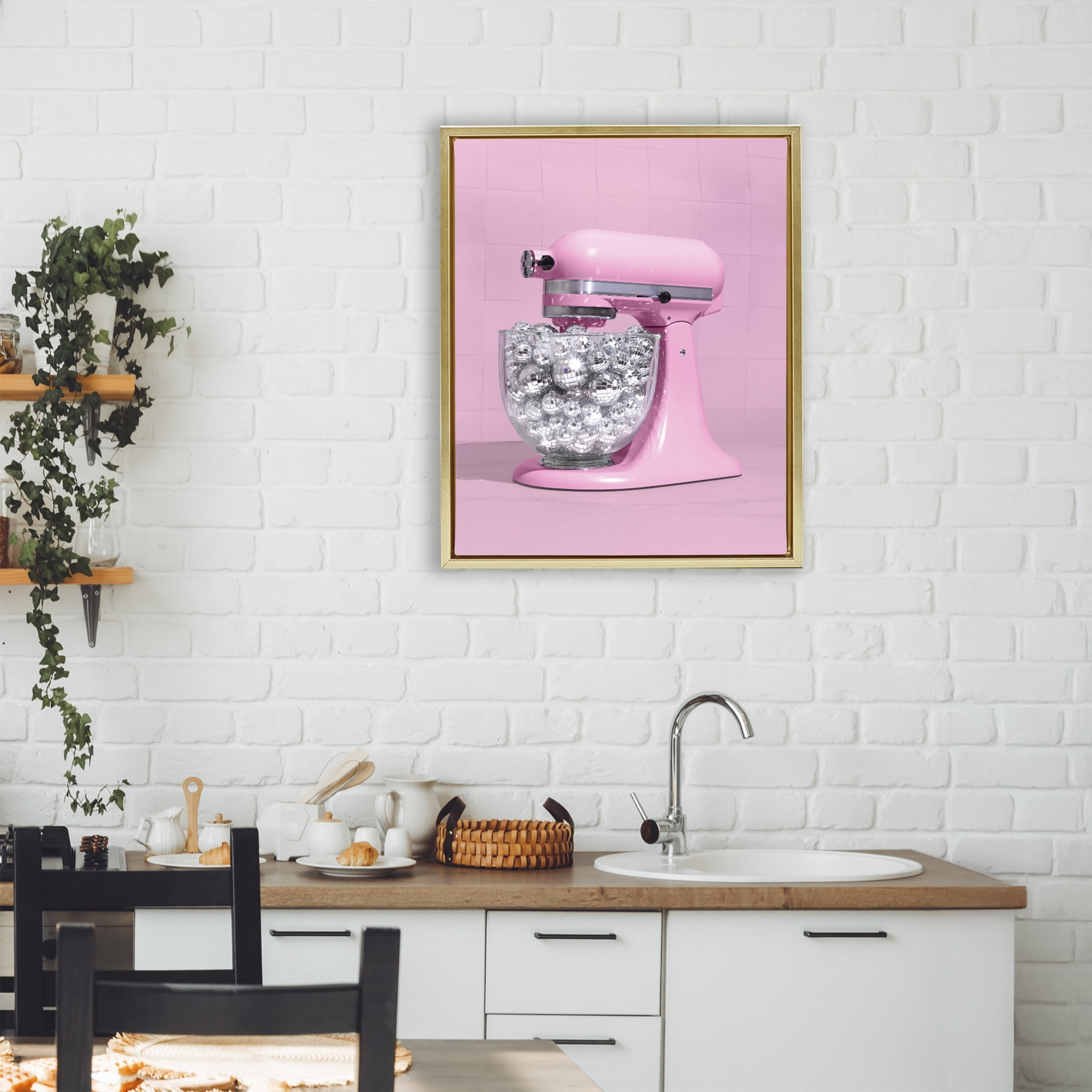Stupell Industries Disco Kitchen Mixer over Pink Gold Framed Floater Canvas Wall Art, design by LISH Creative
