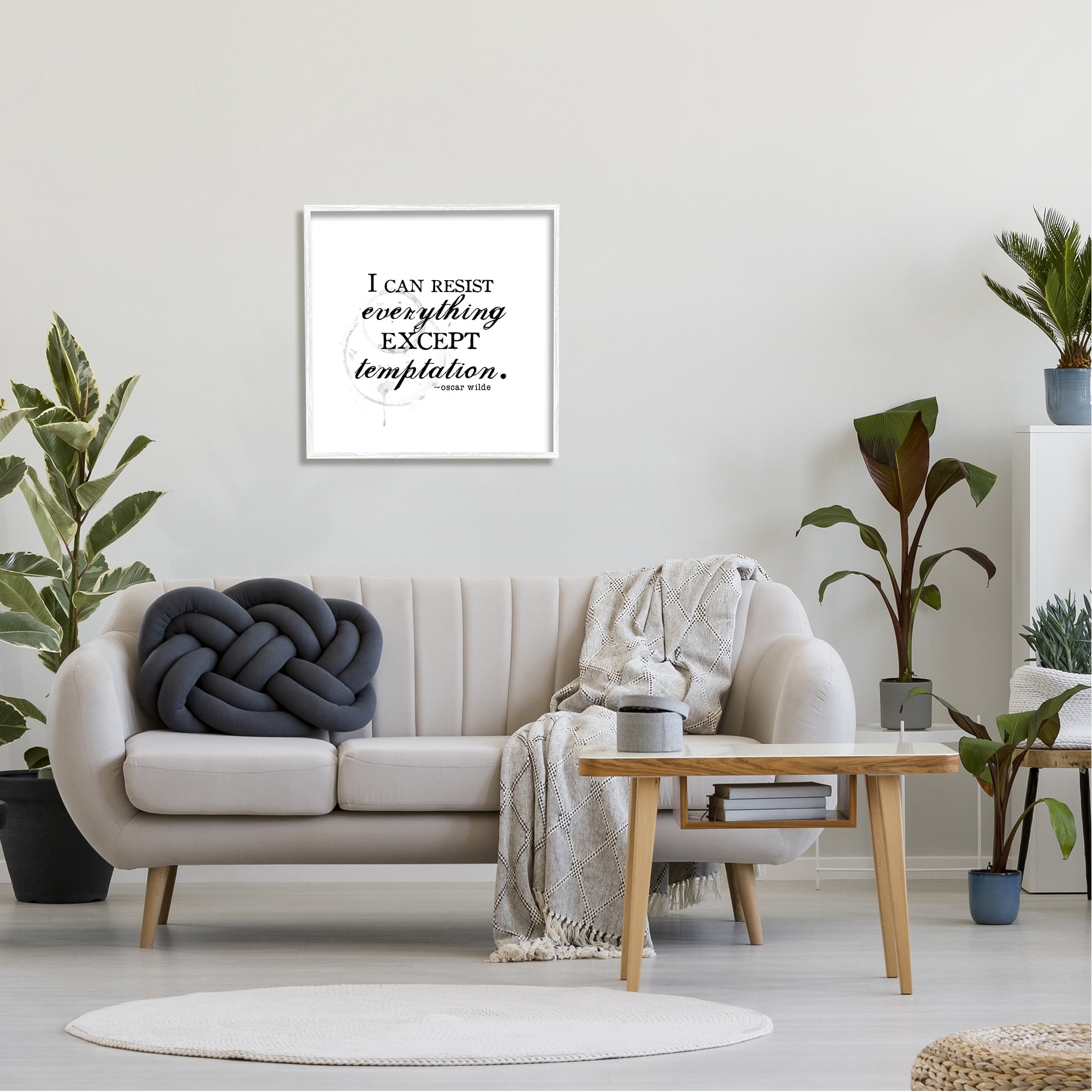 Stupell Industries Resist Temptation Oscar Wilde Quote Vintage Stain Motif Graphic Art White Framed Art Print Wall Art, Design by J. Weiss
