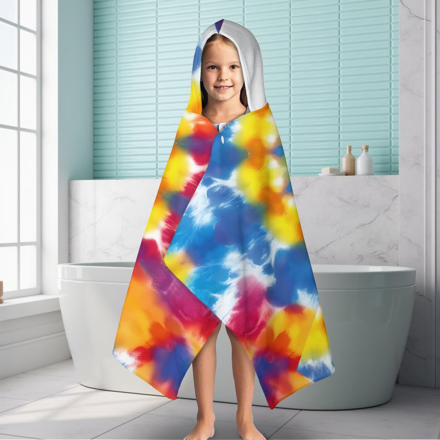 Colorful Rainbow Tie Dye Spiral Pattern Hooded Bath Towel，60"x35" for Ages 3 To 12 Kids, Quick Dry Lightweight Soft Microfiber Hood Beach Towel Cover Up for Kids