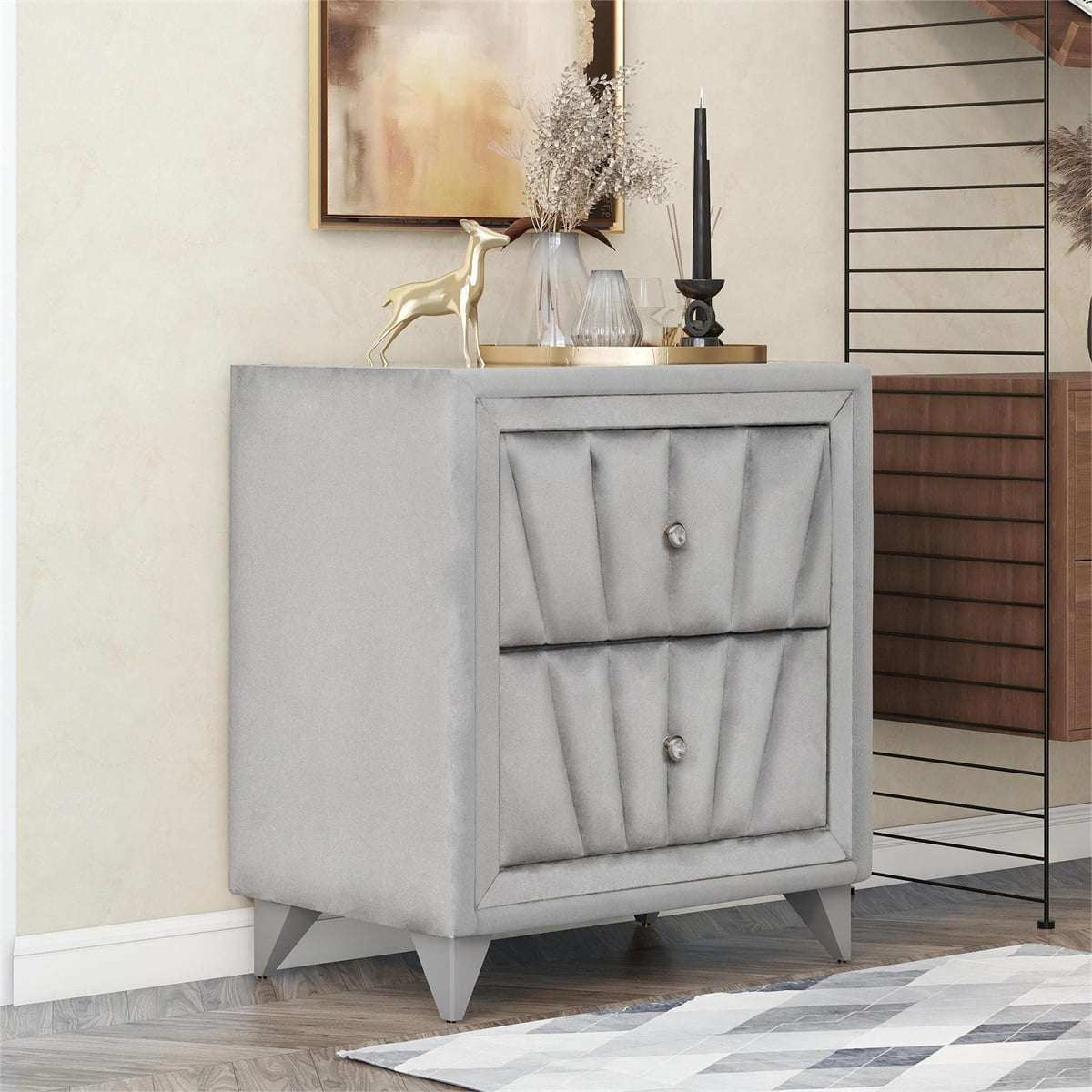 INCLAKE Bedroom Upholstered Nightstand, Wooden Bedside Table with 2 Drawers and Glass Worktop
