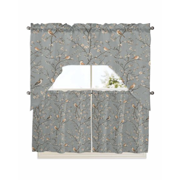 Tree Birds Kitchen Curtain and Valance Set 3 Pieces,Rod Pocket Short Tier Curtains 24 Inch Length,Vintage Grey Flower Floral Branch Spring Swag Topper Small Window Treatment for Cafe Bathroom