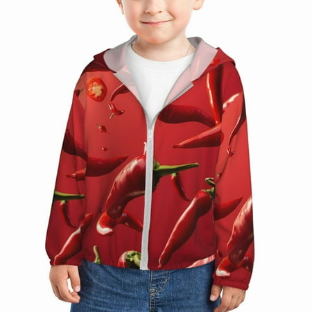 

Qekee Floating Red Chili Peppers Print UPF 50+ Kids Sun-Protective Hooded Long Sleeve Rash Guard for Fishing Water Beach Sports -3 Years