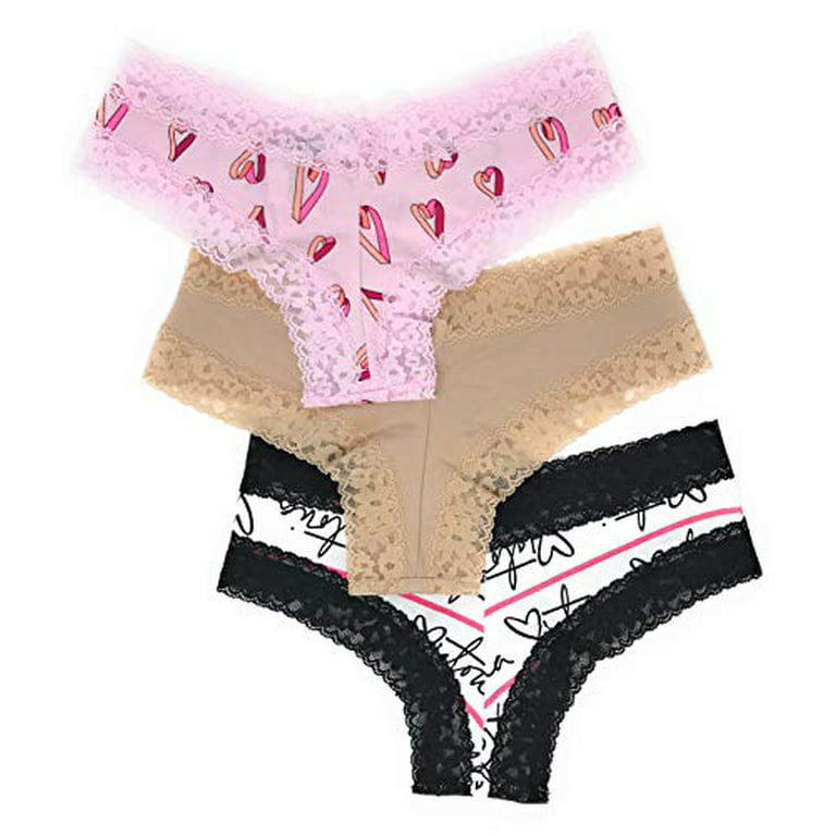 Victoria's Secret Lace Cheeky Panty Set of 3 Large Light Pink Hearts / Nude  / White Black Logo 