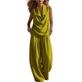 thumbnail image 3 of Women's 2 Piece Linen Blend Outfit Sleeveless Shawl Collar Top Wide Leg Pants Set Casual Loose Fit Summer Business & Lounge Wear, Vacation Trendy Sets Green L, 3 of 6