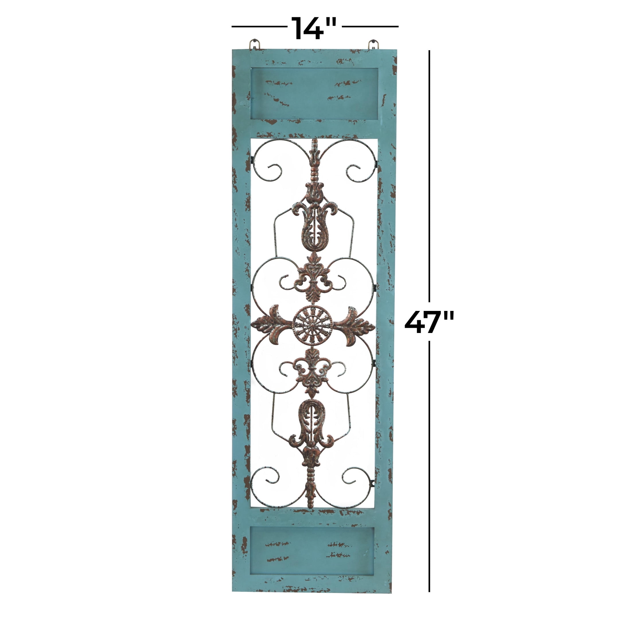 DecMode Teal Wood Arabesque Scroll Wall Decor with Metal Fleur De Lis Relief