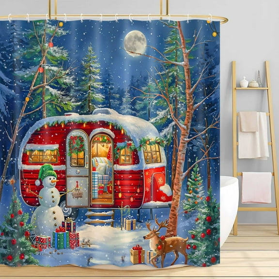 Christmas RV Shower Curtain, Winter Retro Deer Snowman Xmas Tree Forest Snowy Night Farmhouse Holiday Home Bathroom Curtains Decor Set, Fabric Washable Bath Curtain with 12 Hooks, 72X72in
