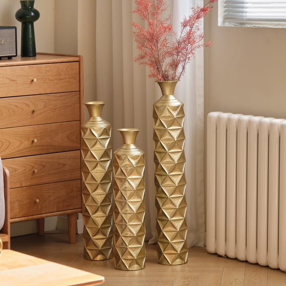 Noble House 3-Piece Metal Floor Vase Set, 33.5", 29.5", 25.2" Diamond Pattern Vases, Antique Gold