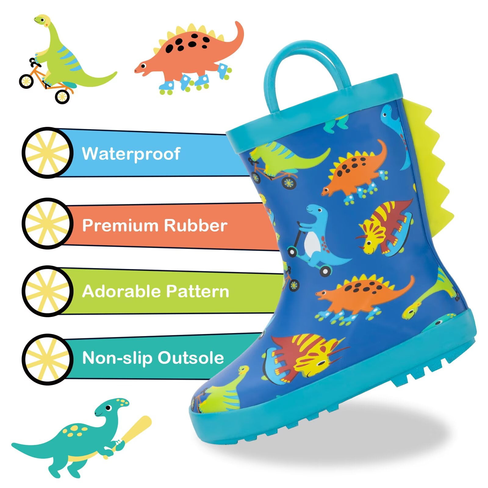 FUNCOO PLUS Toddler Rubber Rain Boots Kids Waterproof Boots for Boys, Dinosaur, Toddler Size 10