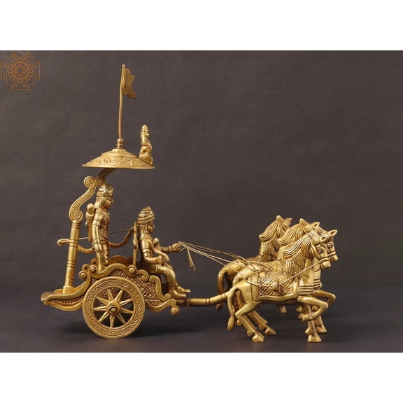 9" Brass Chariot - Krishna Drives Arjuna's Chariot | Handmade | Made in India