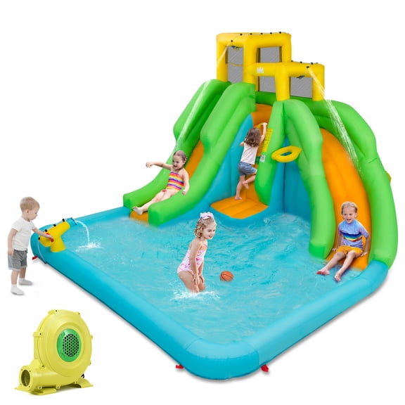 Costway Inflatable Water Park Bounce House Two-Slide Bouncer with Climbing Wall & 480W Blower