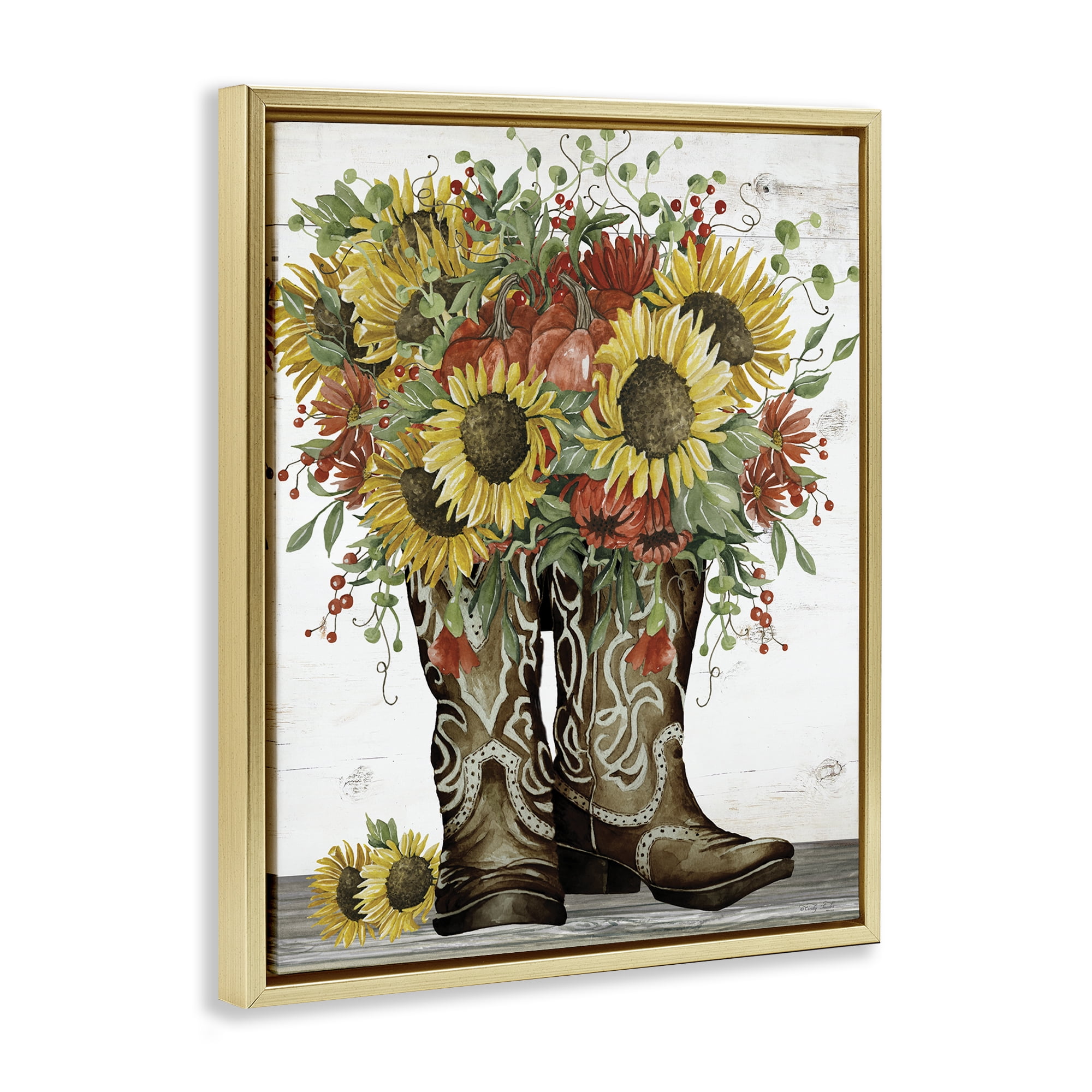 Stupell Industries Sunflowers in Western Boots Plants & Flowers Painting Gold Floater Framed Canvas Art Print Wall Art, 17 x 21