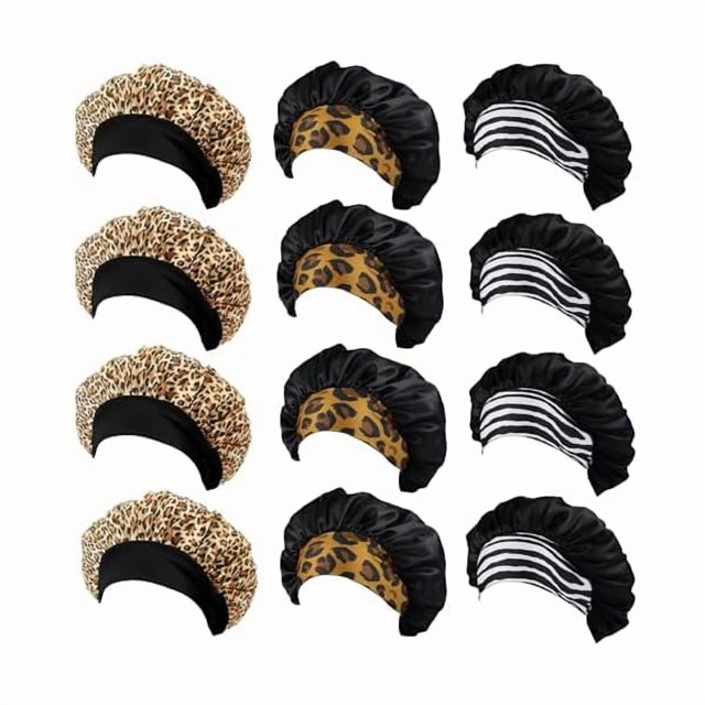 wonima11 12 Pieces Satin Bonnet Hat For Women Sleeping Shower Caps Curly Hair Silky Bonnet Hair Wrap (Leopard)