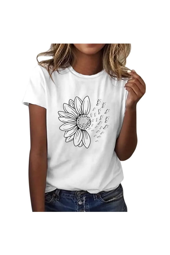 Sunflower Shirts for Women Plus Size T-shirt Flower Graphic Tees Round Neck Short Sleeved Summer Tops