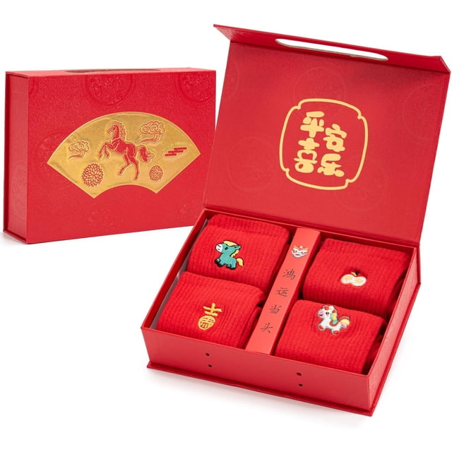 Chaussettes Rouges du Nouvel An Chinois, 4 Paires de Chaussettes Rouges Hommes Femmes, Chaussettes Porte-Bonheur 2025 Année du Cheval, Chaussettes en Coton pour le Festival du Printemps.,E,5.5-10