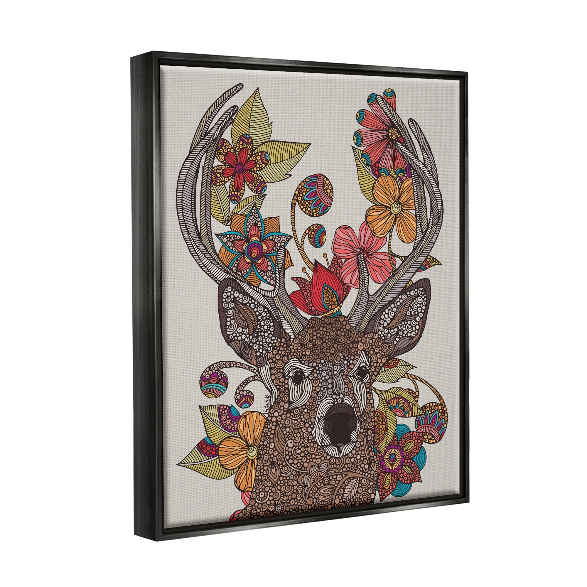 Stupell Industries Buck Deer Portrait Interwoven Flower Mandala Fractals Graphic Art Jet Black Floating Framed Canvas Print Wall Art, Design by Valentina Harper
