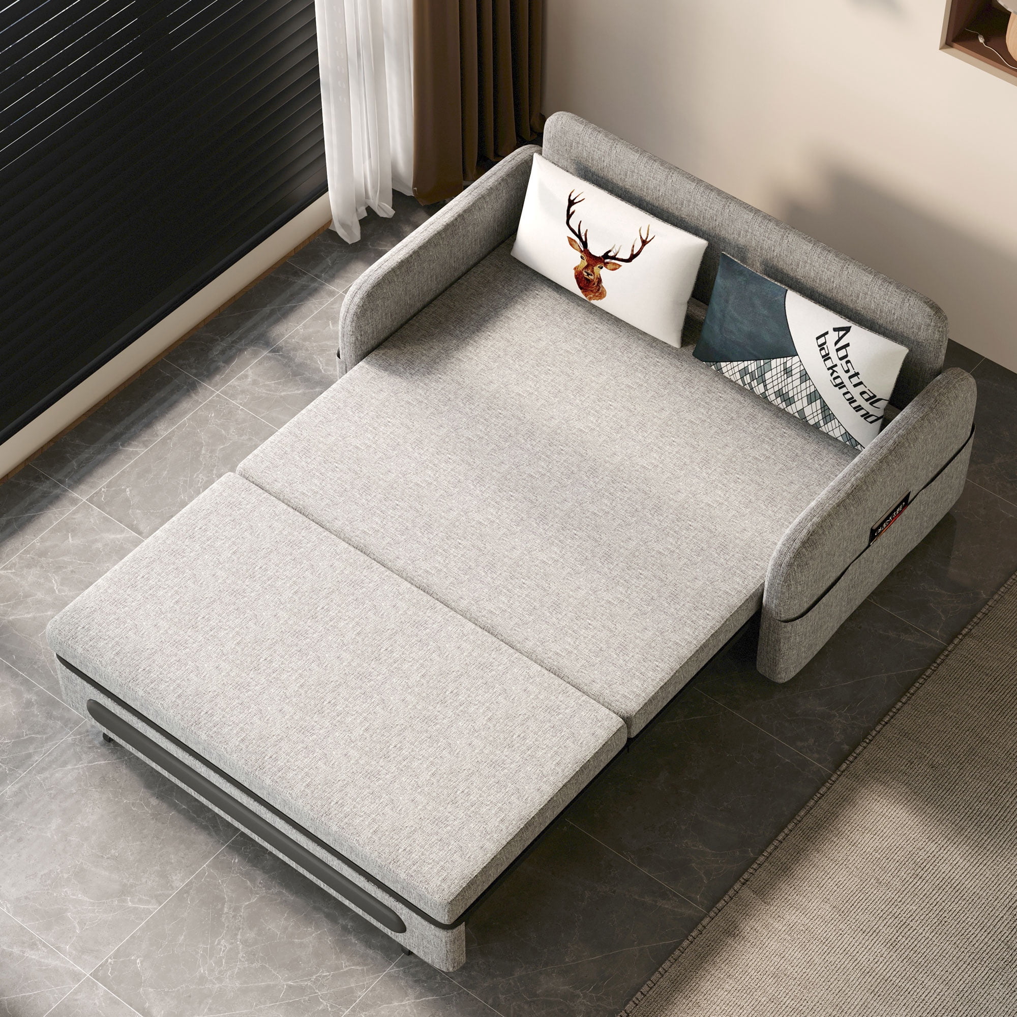 NessCarsti Modern Gray & White Trundle Sofa Bed, 61" Pull-Out Futon Couch for Small Living Spaces and Apartments