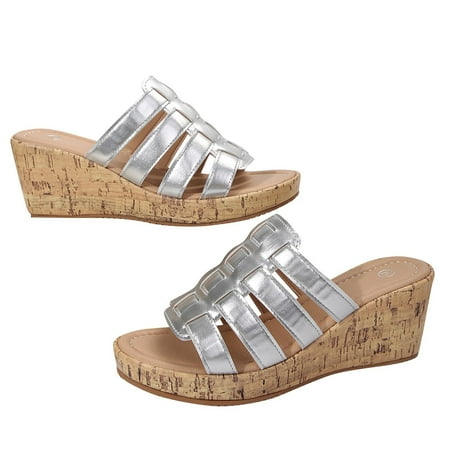 

KIJBLAE Women Summer Shoes Beach Sandals Cork Wedges Sandals Platform Sandals Open Toe Shoes Ladies Sandals Slip On Shoes Silver 42