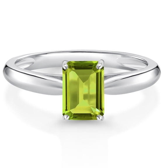 Gem Stone King 1.00 Cttw Green Peridot Solitaire Engagement Ring for Women | 10K White Gold | 7X5MM Emerald Cut | Gemstone Birthstone | Available in Size 5, 6, 7, 8, 9 | Size 8