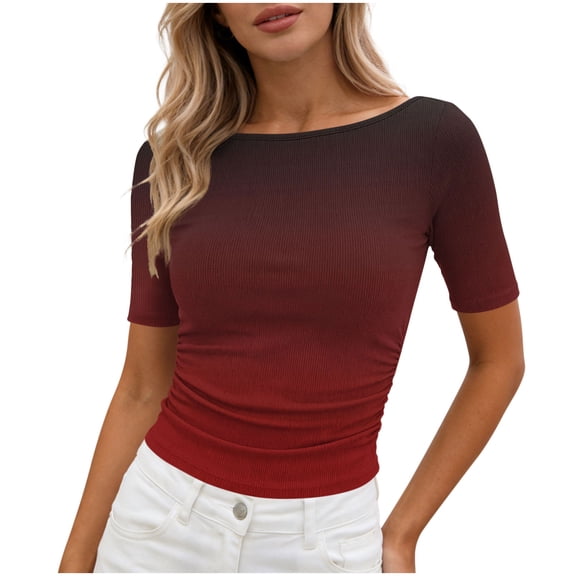 YUGYXL Gradient Colors T Shirts for Women Casual Crew Neck Short Sleeve Tunic Tops Pleated Slim Fit Fashion Summer Tees Wine Tops L