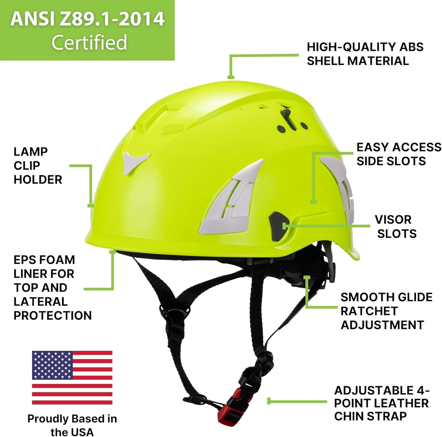 Land Helmets AeroPro Arborist Safety Helmet with Visor – ANSI Z89.1 Type 1 Class C Vented - Hard Hat for Fall Protection, Arborist & Technical Rescue - Green with Smoke Visor