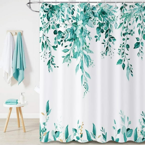 Teal Eucalyptus Leaves Shower Curtain, Teal Blue and Gold Watercolor Leaves Botanical Plants Bathroom Curtain Waterproof Fabric Machine Washable with Hooks, 36" Wx72 L