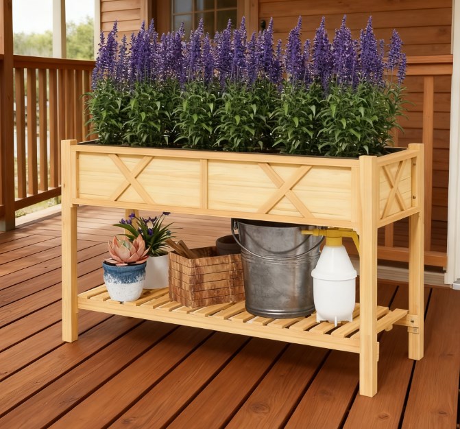 Dual-Tier Elevated Wood Planter Box, Raised Garden Bed with Storage Shelf, Drainage Holes and Liner