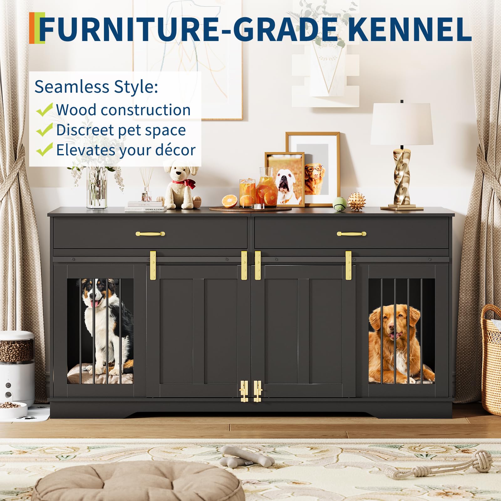 71" Dog Crate TV Stand for 2 Large Dogs, Extra Large Double Dog Kennel Furniture with 2 Drawers and 2 Lockable Sliding Doors, Wooden Furniture Dogs Crate for Indoor Home Living Room（ship in 2 boxes）