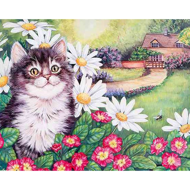 Pintura de diamante (DE6432) 5D DIY Gato cuadrado en las flores Dibujo 20X30cm FLhrweasw Nuevo