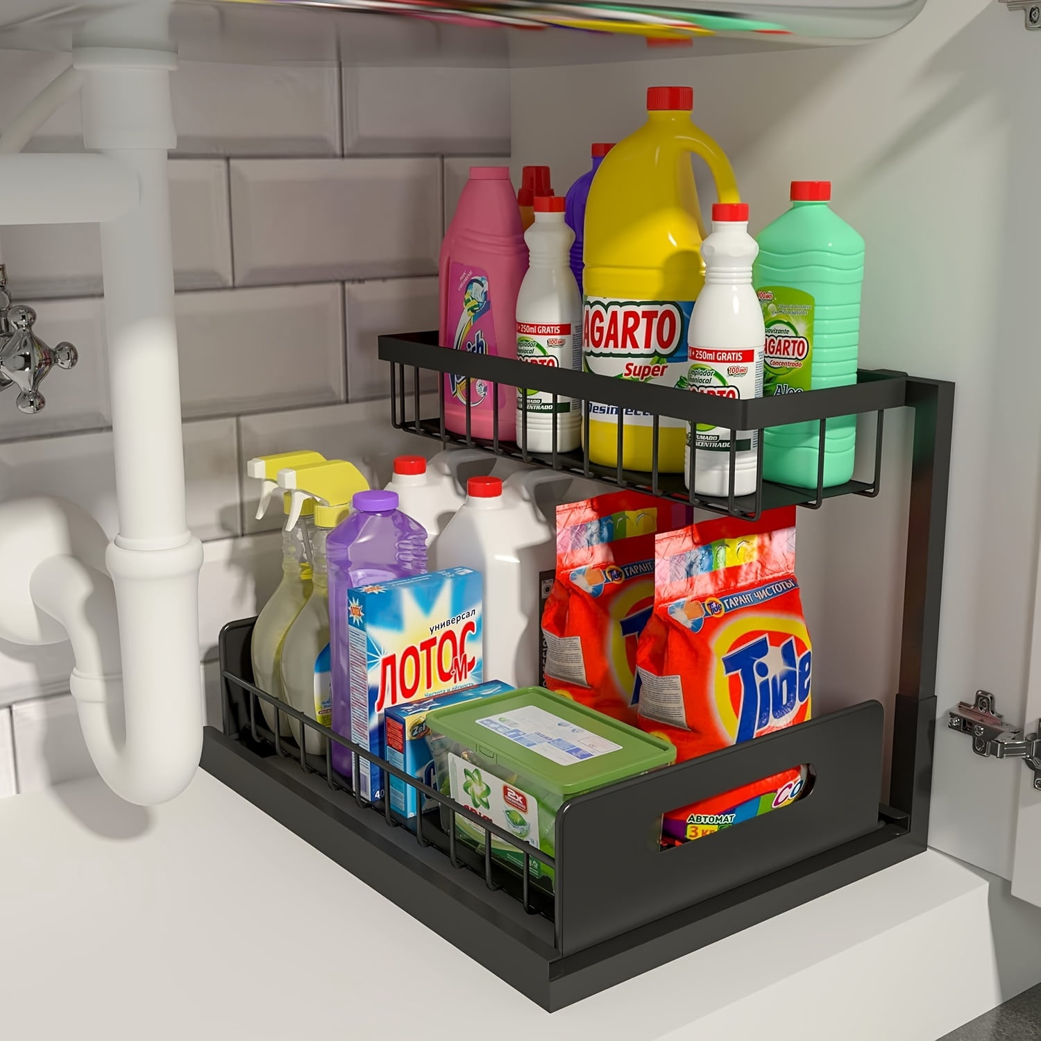 2-Tier Slide-Out Under Sink Organizer - Heavy-Duty Cast Iron Pull-Out Cabinet Shelf with Adjustable Compartments, Space-Saving Storage for Kitchen & Bathroom Cabinets
