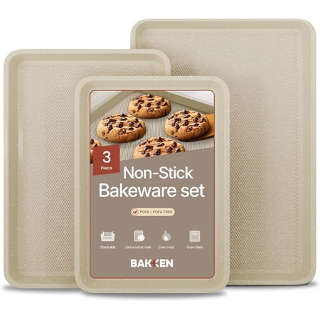 BAKKEN Baking Pan - Small, Medium, & Large Cookie Pan Nonstick, Diamond Texture Bottom, Oven Safe (450°F), Pack of 3, White Marble