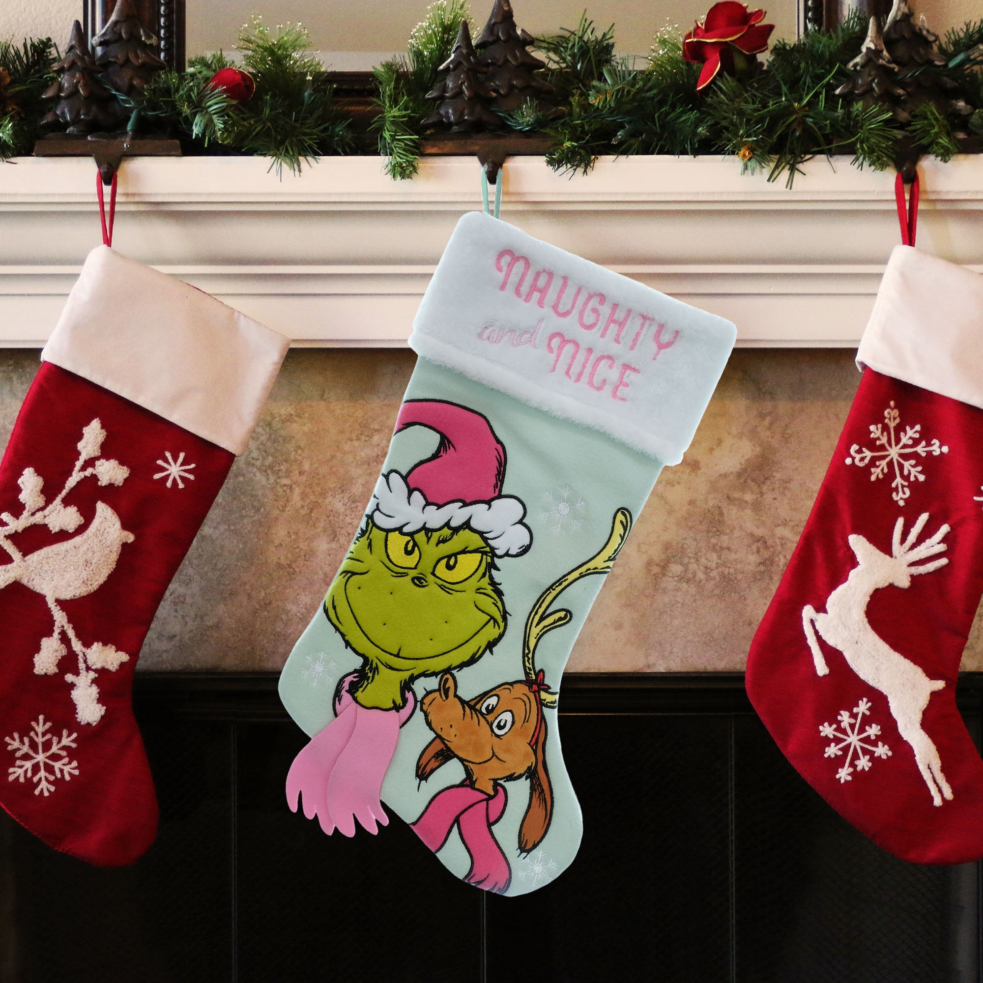 Dr. Seuss Grinch and Max 20 Inch Christmas Stocking with Pink Naughty and Nice Embroidery