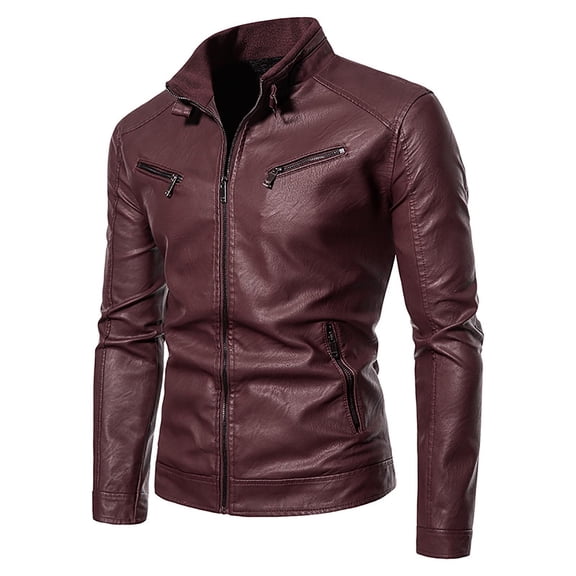 Fgnfyis Leather Coat Men Stand up Collar Lightweight Leather Motorcycle Jacket Pocket Fall Coats for Men Red XL