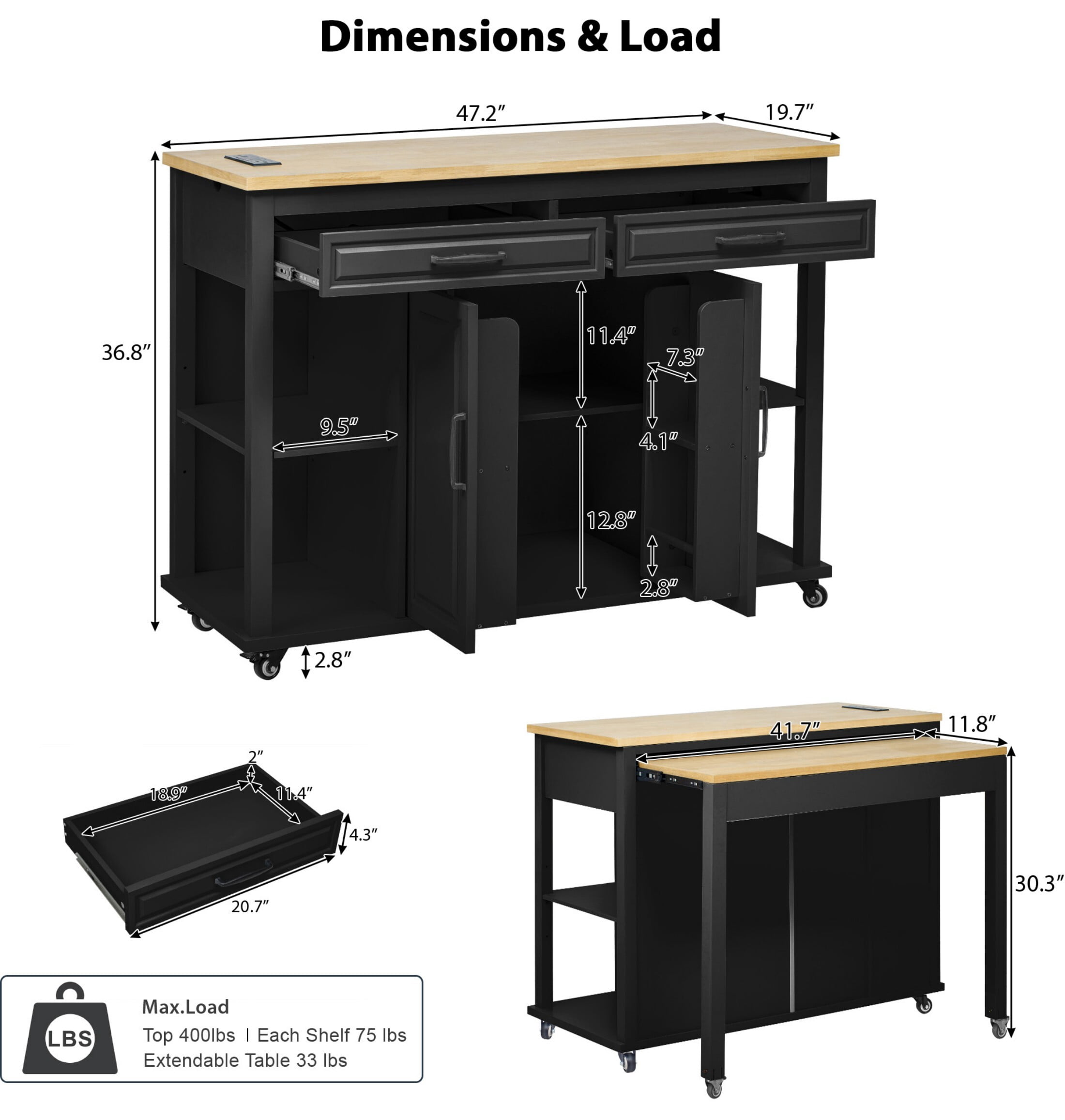 DEALTOPS 47.2'' Kitchen Island Cart with Extendable Table, Kitchen Storage Cart with Power Outlet, Black