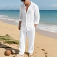 thumbnail image 4 of Aofany Men's 2 Piece Outfits Linen Set Solid Turndown Collar Long Sleeve Button Shirts and Drawstring Elastic Wais Pants Casual Beach Outfits, 4 of 8