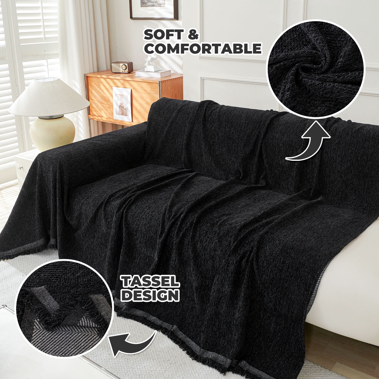Sanmadrola Sofa Cover Non Slip Couch Cover for 3 Cushion Couch Machine Washable Furniture Protector for Dogs Pet Chenille Throw Slipcover Blanket for Living Room (Black, 71"x118")