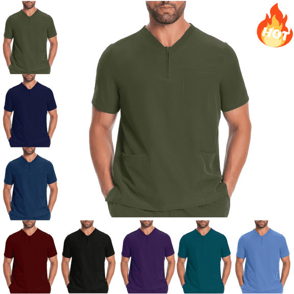 Mifsaly Mens Zip Front Scrub Tops Modern Fit Stretchy Medical Nursing Shirts Soft Breathable Chest Pocket Nurses Healthcare Workwear 2026 XXL