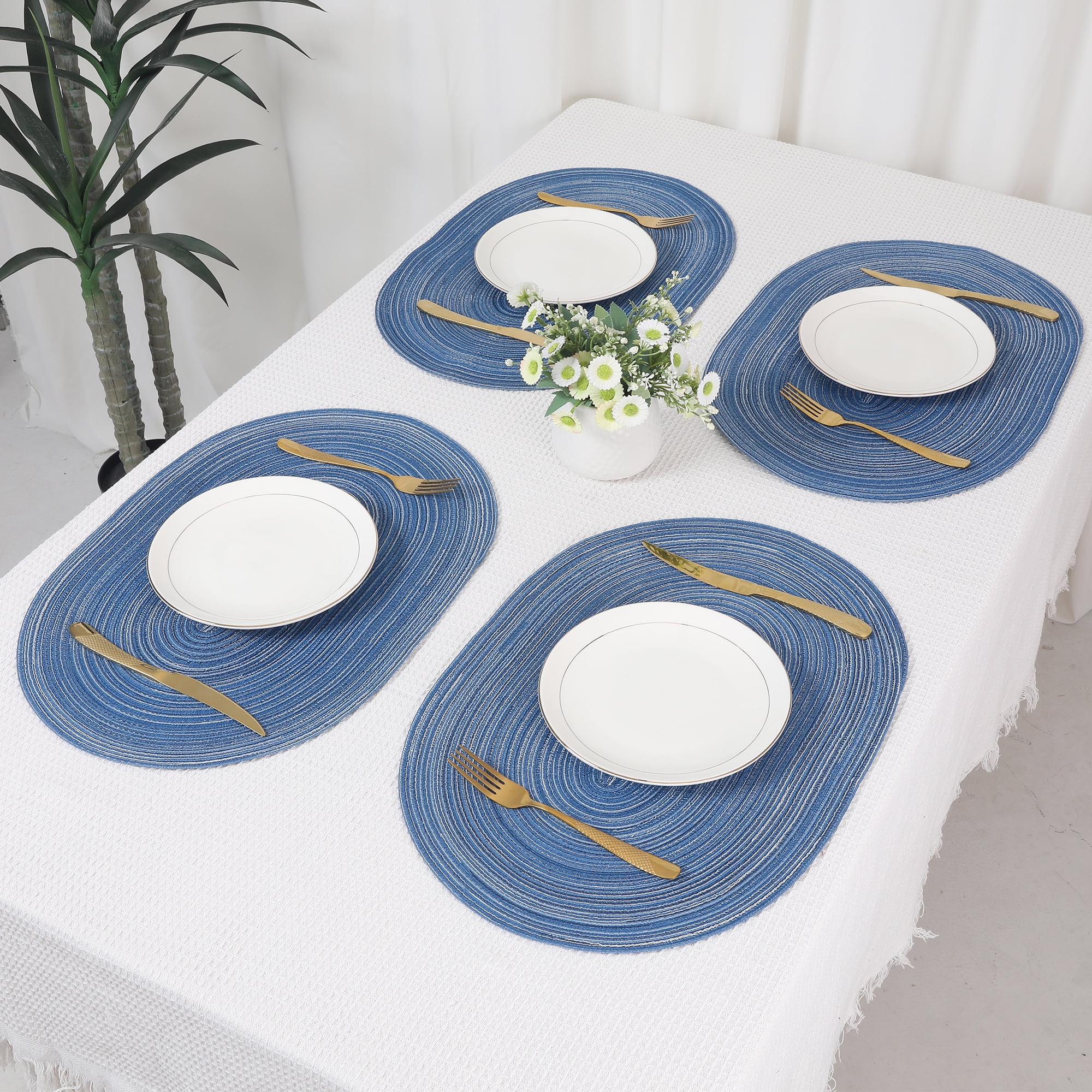 REGALWOVEN Farmhouse Placemats Set of 6 Oval Placemats for Dining Table Decor Indoor Outdoor Kitchen Table Mat Wipe Clean Blue 19.7*14Inch