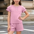 thumbnail image 2 of EnJoCho Girls Summer Outfit 2 Piece Kids Double Sleeve Button T-Shirt Baggy Cotton Elastic Waist Shorts Set Cute Casual Plain Outfit Girls Shirt and Shorts Set Kindergarten Starter Pack, 2 of 6