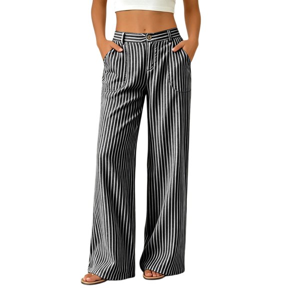 Fashion Striped Linen Pants for Women High Waisted Straight Leg Palazzo Trousers Casual Wide Leg Pant with Pockets