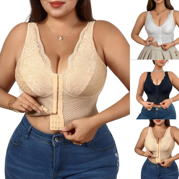 Women's V Neck Front Closure Corset, Lace Longline Bra, Plus Size Bras, Shapewear For Women, Top Bras With Support And Push Up, Shapewear Tank Tops Black XXL