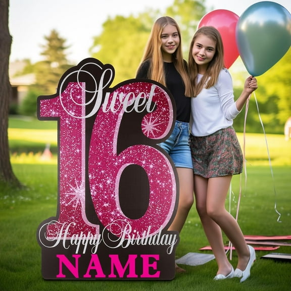 35 Inch Sweet 16 Birthday Large Yard Signs Personalized Name 16th Birthday Lawn Sign Glitter Waterproof Congrats Sign with Stakes for Happy Sweet 16 Party Outdoor Decorations