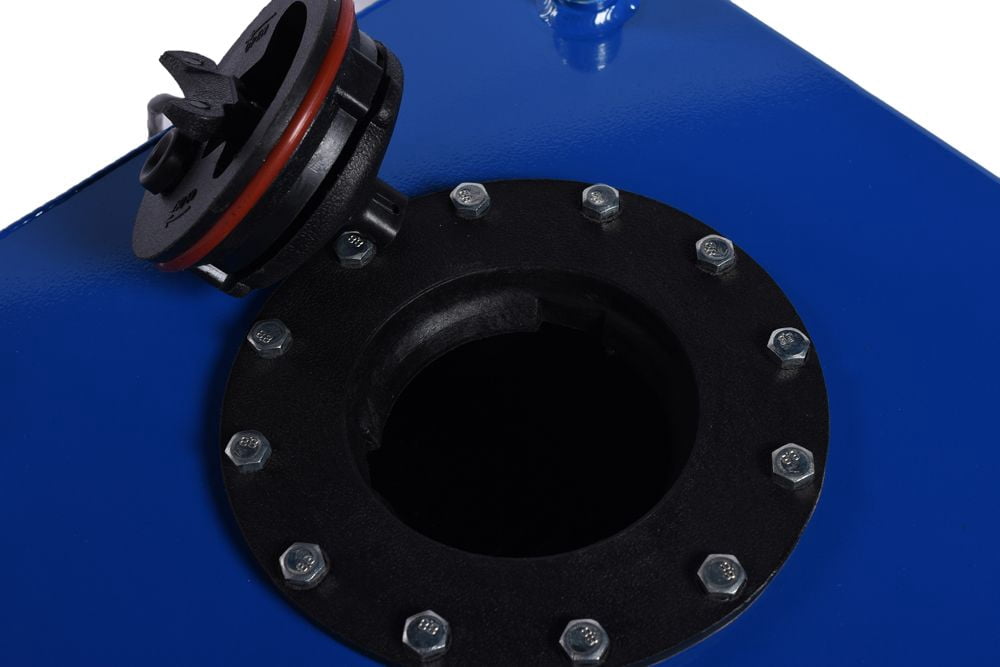 Universal 5 Gallon 20L Aluminum Fuel Tank with 0-90 Ohm Fuel Sender, Blue Finish, Dual -10 Outlets & Vent Outlets, Includes Anti-Slosh Foam, 12x12x8 in, SKU 37899589