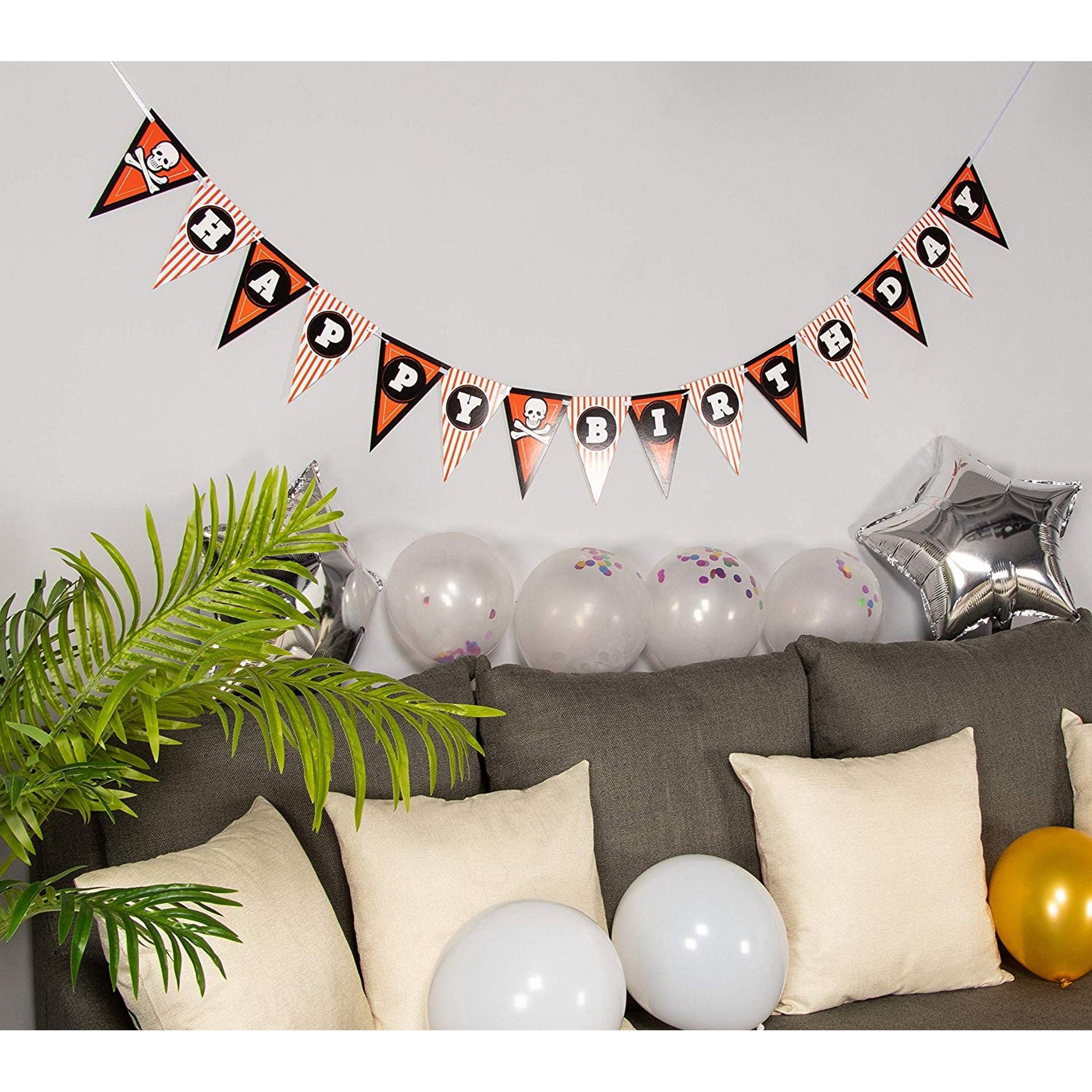 Pirate Themed Supplies Party Decoration 10.75 Feet Long Pre-Strung Birthday Wall Pennant Garland Pirate Happy Birthday Banner