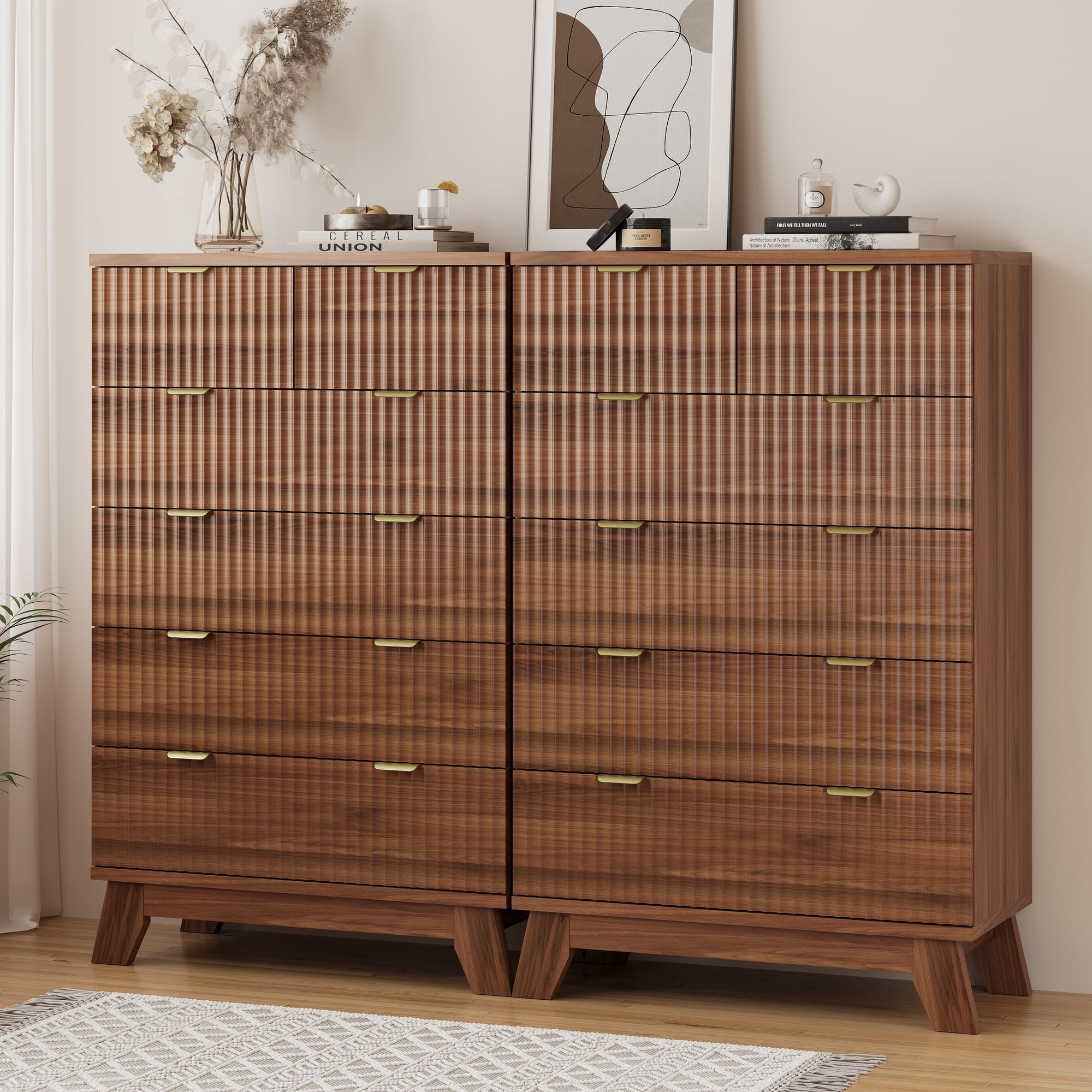 FANRAL Tall 6 Drawers Dresser Fluted Dresser for Bedroom,Wooden Chest of Drawers Modern Dresser for Closet,Walnut Dresser