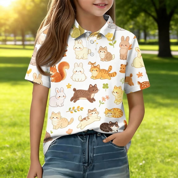 Girls Polo Shirt Short Sleeve Henley Cute Cartoon Animal Print T Shirts Button Closure Active Comfy School Uniform, 140