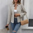 thumbnail image 6 of 2025 Fall Women's Tweed Plaid Blazer Jacket - Open Front Stand Collar Fully Lined Casual Fashion Elegant Work Coat, 6 of 9